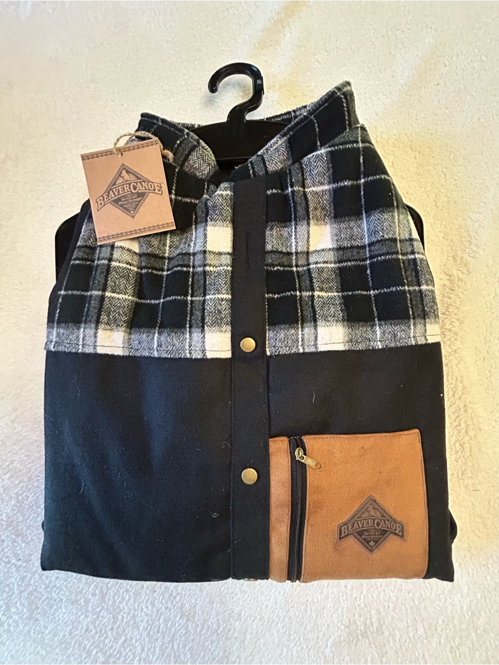 Beaver Canoe Black & White Plaid Dog Jacket with Tan Pocket
